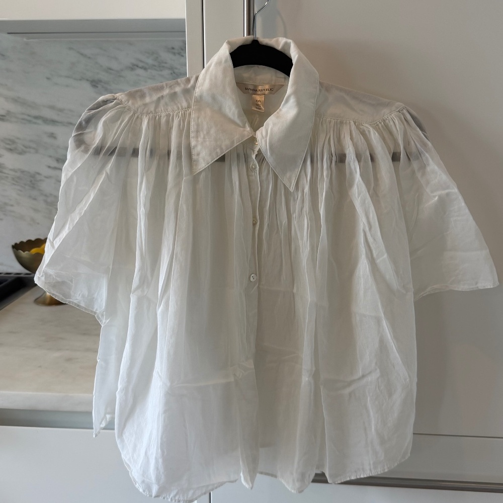 Banana Republic White Cotton Silk Puff Sleeve Blouse XXS Oversized Collar Pleate